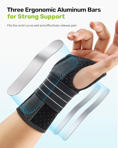 Rakiie Carpal Tunnel Wrist Brace, Adjustable Night Wrist Support with 3 Metal Splints, Hand Brace for Men Women No Pressur...