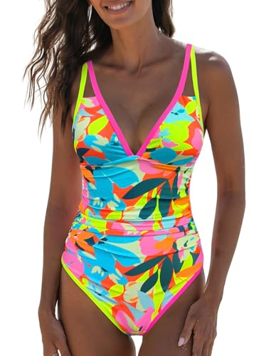 popvil Women's One Piece 2025 Tummy Control Swimsuits Neon Color Block Swimwear Deep V Neck Slimming Bathing Suit