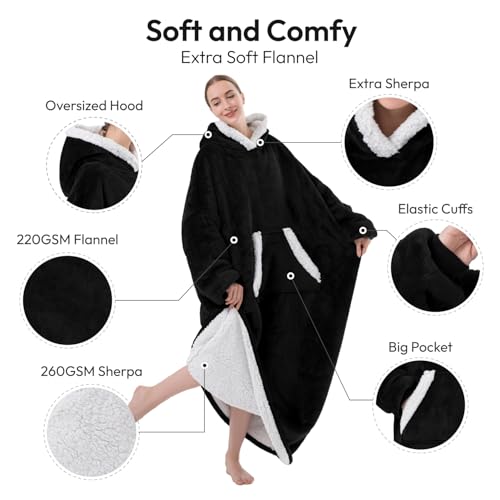 Sioloc Wearable Blanket Hoodie for Women/Kids/Men, Oversized & Cozy Sherpa Lined Hoodie Sweatshirt Blanket(Black,Oversized)