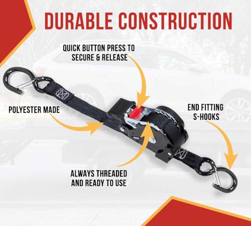 Mytee Products 4 Auto Retract NO-RATCHETING Ratchet Straps | 1" x 12' Retractable Ratchet Straps with Coated S Hook Tiedow...