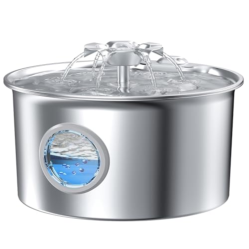 Stainless Steel Cat Water Fountain: 88oz/2.6L Ultra Quiet Pet Fountain with Flower Kitty Spout & LED Blue Light Water Disp...