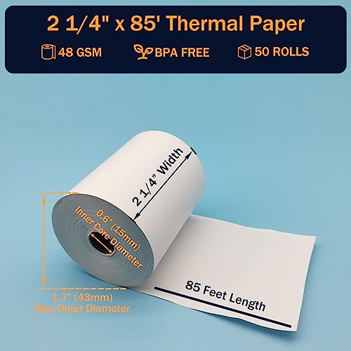 (50 Rolls) 2 1/4 x 85 Thermal Paper Rolls, BPA Free Thermal Receipt Paper Rolls, 2.25 inch Wide and 85 ft Long Per Thermal...