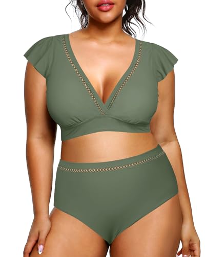 Daci Plus Size Two Piece Bikini Swimsuits - High Waisted Tummy Control Women Bathing Suits with Ruffle Sleeve Swimwear