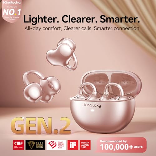 Kinglucky Upgraded Open Ear Earbuds, Clip-On Earbuds Comfortable fit, Crystal-Clear Sound, 50H Play, Open Ear Headphones W...