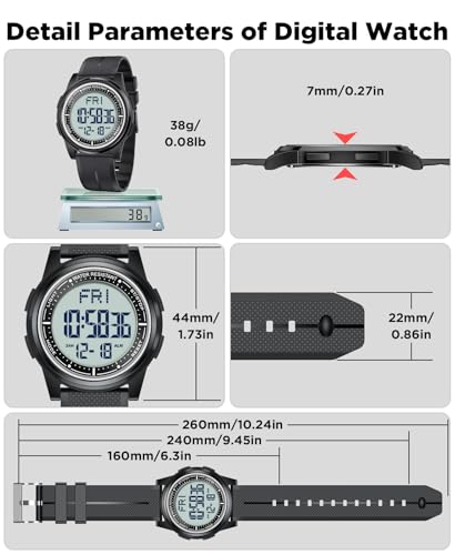 Beeasy Digital Watch Waterproof with Stopwatch Alarm Countdown Dual Time, Ultra-Thin Super Wide-Angle Display Digital Wris...