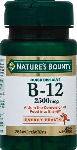 Nature's Bounty Vitamin B12 2500 mcg, Cellular Energy Support, for Energy Metabolism, Heart & Nervous System Health, 75 Quick Dissolve Tablets
