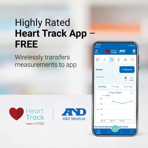 A&D Medical Digital Body Weight Scale - UC-352BLE - Bluetooth Bathroom Weight Machine, Syncs with A&D Heart Track App - 45...