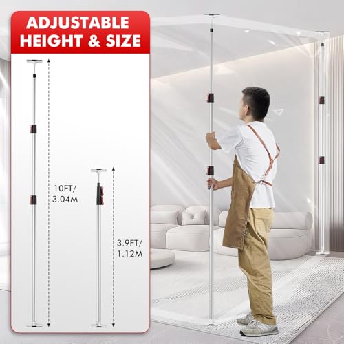 10FT Dust Barrier Poles 4 Pack withCarry Bag, Stainless Steel Retractable Zipper Wall Poles Kit for Renovation, Remodeling...