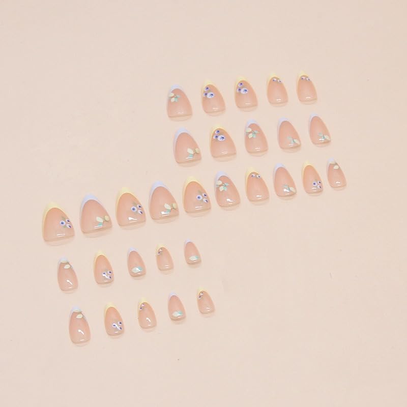 MRSCOL Press on Nails-Mango Blueberry French,Press on Nails Almond,Press on Nails Short Reusable 30pcs Nail Kit with Glue