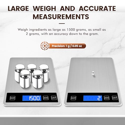 33lb Food Scale, Digital Kitchen Scale Batteries and USB Charging,1g/0.05oz Precise Graduation, Waterproof Stainless Steel...