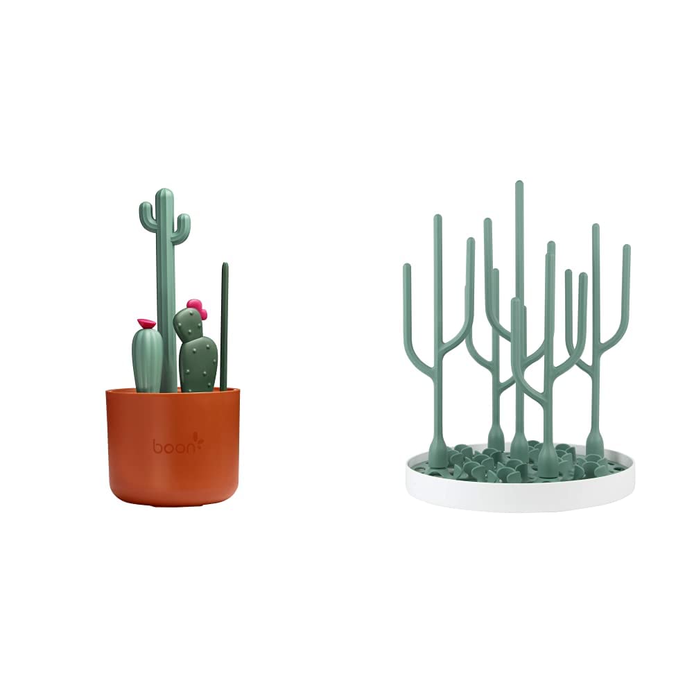 Boon Desert Countertop Baby Bottle Drying Rack & Cacti Cleaning Brush Set - Includes Bottle, Nipple, Detail, and Straw Brushes