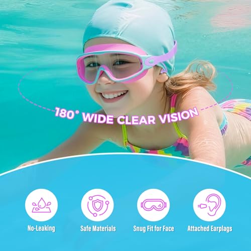 CMBJJU 3 Pack Swimming Goggles, Kid Goggles with Earplugs Large Frame Anti-Fog/UV Wide View Swim Goggles Boys Girls 4-12
