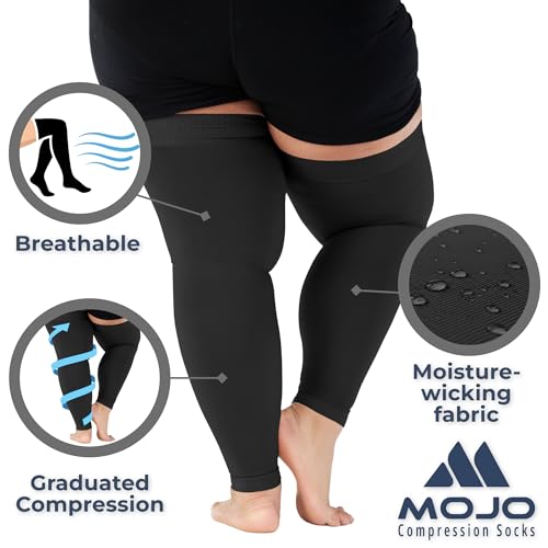 Mojo Compression Socks - 20-30mmHg Graduated Support Thigh-Hi Leg Sleeves with Grip Top - 10 Sizes, 5 Colors - Reduces Swe...