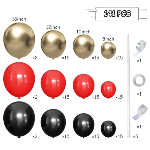 MEBAY Black Gold Red Balloons Garland Arch Kit, 141Pcs Latex Balloons Different Sizes 18 12 10 5 Inch for Party Decoration...
