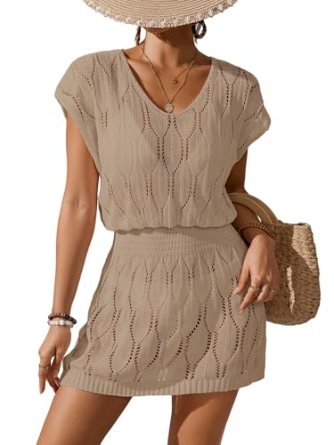 BreathSunny Womens Crochet Elastic Waist Beach Dresses Summer 2025 Scoop Neck Cap Sleeve Bathing Suit Cover Up Mini Dress