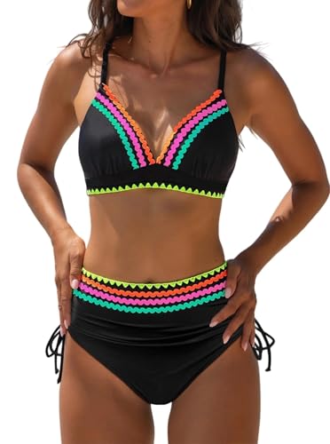 popvil High Waisted Bikini Sets for Women Tummy Control Swimsuits Neon Two Piece V Neck Drawstring Bathing Suits 2026