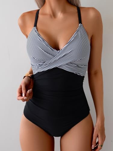 B2prity Women's One Piece Swimsuits Tummy Control Front Cross Bathing Suits Tie Back Slimming V Neck Swimwear