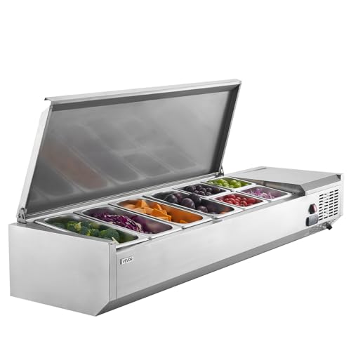 VEVOR Refrigerated Condiment Prep Station, 130 W Countertop Refrigerated Condiment Station, with Four 1/3 Pans & Four 1/6 Pans, 304 Stainless Body and PC Lid, Sandwich Prep Table with Stainless Guard
