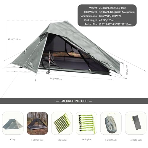 Nature Link Altair Two Ultralight Backpacking Tent, 2 Person Trekking Pole Backpacking Tent, Waterproof, Compact, 3 Seaso...