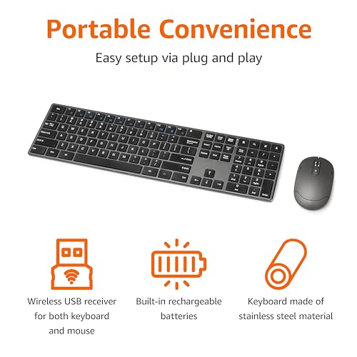 Amazon Basics Ultra Premium Wireless Keyboard and Mouse Combo - Rechargeable, Ultra Slim Design, Quiet, Full Size, Number ...