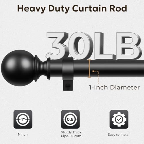 Zeerobee Curtain Rods for Windows 48 to 84, 1 Inch Adjustable Heavy Duty Black Curtain Rod, Outdoor Indoor Room Divider Mo...