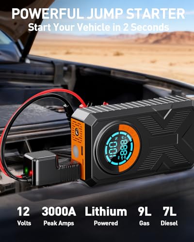Jump Starter with Air Compressor, Battery Jumper Starter Portable Jump Box，Car Battery Jump Starter 8.0 Gas/7.0L Diesel 12...