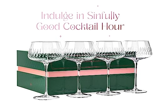 Vintage Flamingo Belle Coupe Glasses for Cocktails and Champagne | Set of 4 | 12 oz Crystal Retro Style Stemmed Saucers fo...
