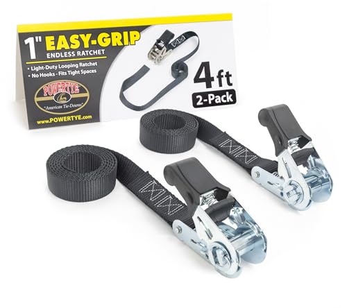PowerTye - Endless Ratchet Strap - 1in x 4ft Easy Grip (Hookless), Tie Down Strap w/ 400 lb. Working Load Limit / 1,200 l...