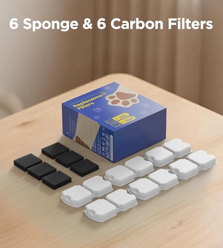 HOOISE Cat Water Fountain Filter Replacement: 6Pack Pet Fountain Filters of 6 Carbon Filters & 6 Sponges - Use for HOOISE ...