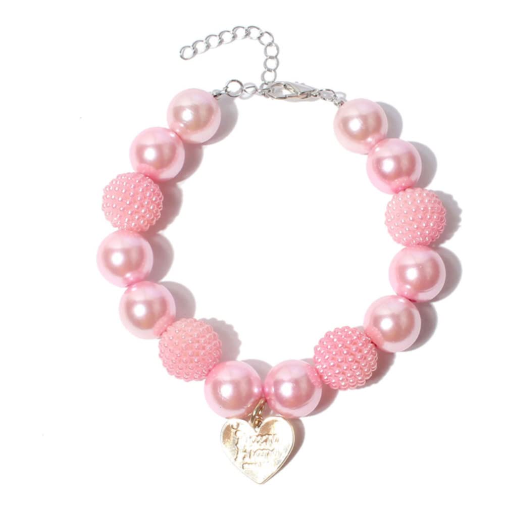 RayMinsino Cute Teddy Dog Pearl Necklace Pink Heart Pendant Pet Collars Dog Clothing Accessories Small and Medium-Sized Dog Collars (9.8-12.6in)