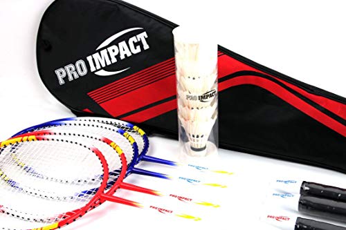 Pro Impact Badminton Racket Set - Lightweight Aluminum Head Rackets with Steel Shaft, Feather Shuttlecocks, Durable Carryi...