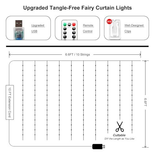 HOLITS Fairy Curtain Lights Upgraded Tangle-Free Warm White USB Plug in 8 Modes String Hanging Lights with Remote for Chri...