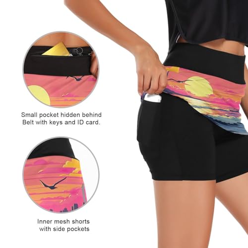 FLildon Sunset Beach Seagulls Tennis Skorts Skirts for Women Workout Athletic Skirt High Waisted with Pocket