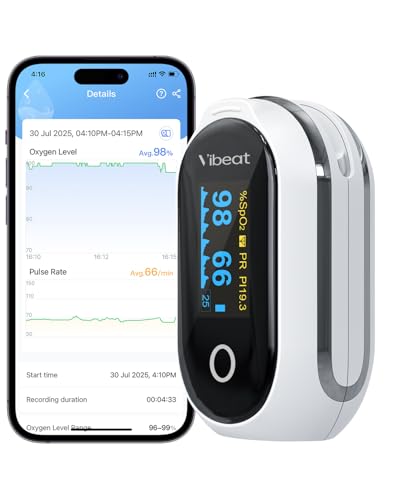 Rechargeable Pulse Oximeter Fingertip, Vibeat S6W Bluetooth O2 Monitor Finger with Real-Time Blood Oxygen Saturation & Hea...