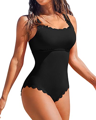 Charmo Womens Scalloped Ribbed One Piece Swimsuits Retro Square Neck Modest Bathing Suits