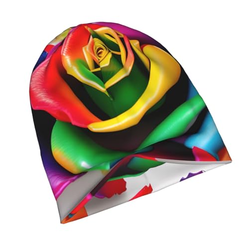 Rainbow Rose Flower Print Beanie Hat for Men and Women Stretchy Slouchy Winter Warm Cap Headwear Accessory