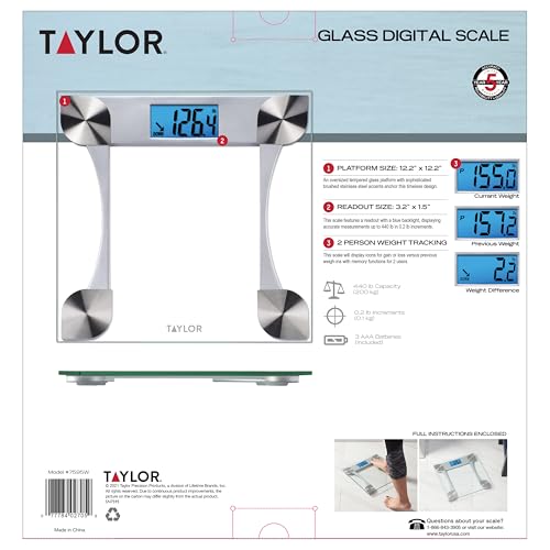 Taylor Digital Glass Scale, Tracks Body Weight with Dependable Readings, Bathroom Device Measuring Up to 440 lb, Battery-P...