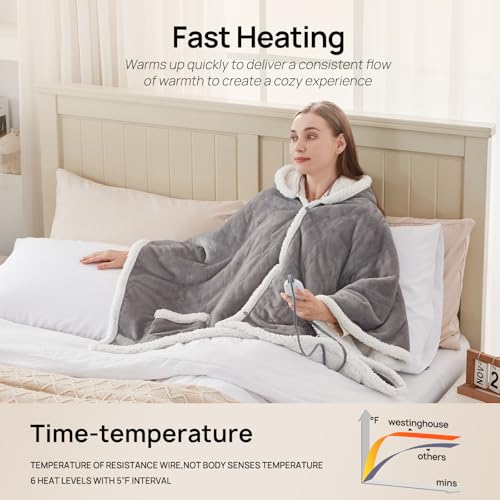 Westinghouse Wearable Heated Throw Blanket, Electric Heated Wrap Poncho Shawl with Pockets, 6 Heating Levels & 2 to 10 Hou...