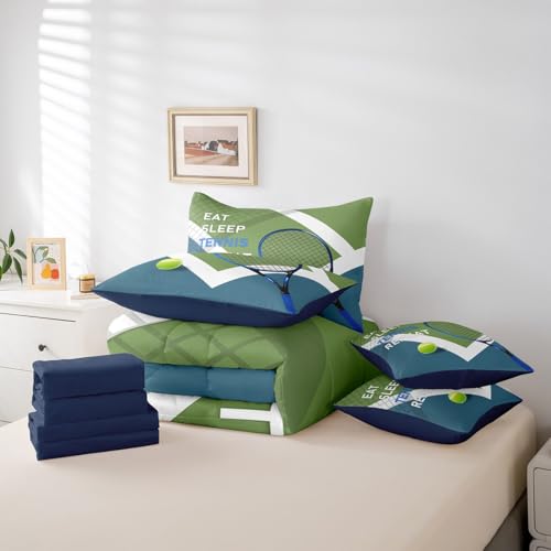 Sports Tennis Comforter Set for Kids Room Decor,Modern Fashion Ball Game Bedding Set Full Size 7 Pcs,Tennis Racket Print B...