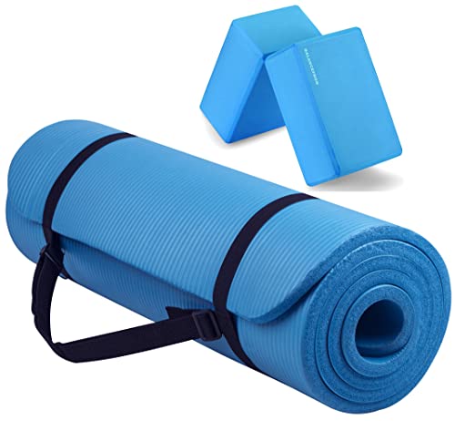 Fitvids All Purpose 1/2-Inch Extra Thick High Density Anti-Tear Exercise Yoga Mat with Carrying Strap and Yoga Blocks, Mul...