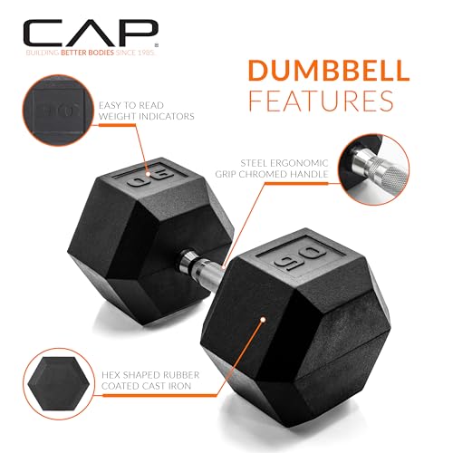 CAP Barbell 90 LB Rubber Coated Hex Dumbbell Hand Weight - Pair | Chrome Handle