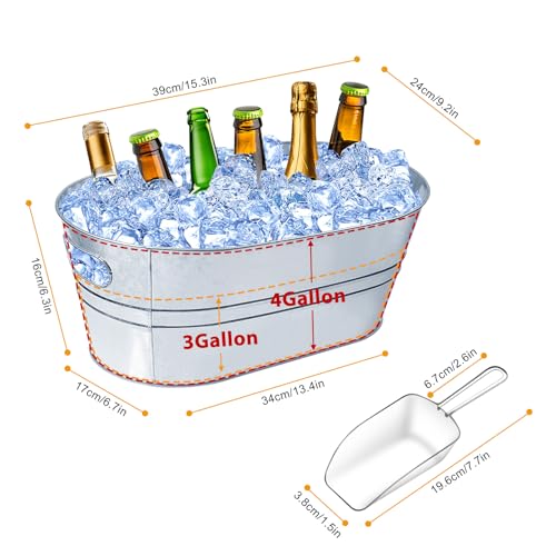 4 Gallon Ice Buckets for Parties, IKAYAS Galvanized Metal Ice Bucket Ice Tub with Scoop for Cocktail Bar Mimosa Bar Suppli...