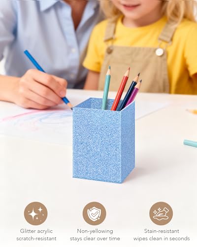 Luminzo Blue Glitter Acrylic Pen Holder, Acrylic Makeup Brush Storage Organizer, Pencil Pen Holder for Desk, Modern Deskto...