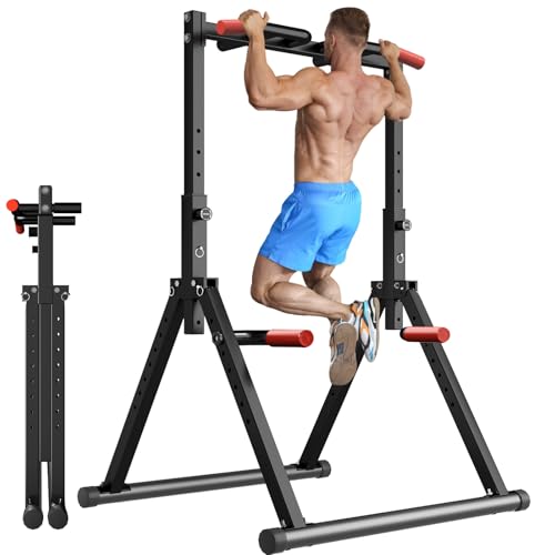WATBKHE Power Tower Pull Up Dip Station Foldable, Pull Up Bar Station Adjustable, Multi-Function Home Gym, Strength Traini...