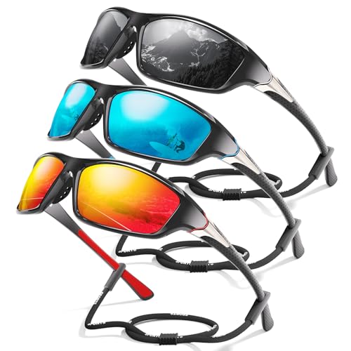 Foliful 3 Pack Polarized Sports Sunglasses for Men, Mens Sunglasses Wrap Around UV Protection for Cycling Fishing Driving