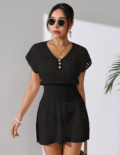 BreathSunny Womens Crochet Knit Slim Fit Beach Coverup Dress Summer 2025 V Neck Button Cap Sleeve Bathing Suit Cover Up