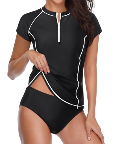 Holipick Short Sleeve Rash Guard for Women - 2 Piece Swimsuit UPF 50+ Zipper Swim Shirts with Built in Bra