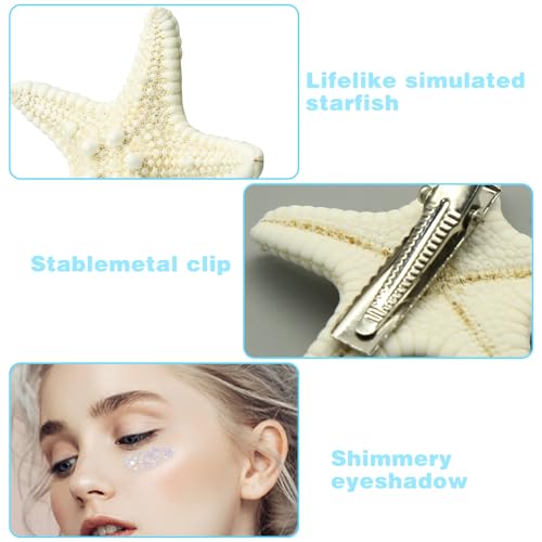 3Pcs Starfish Hair Clip Set, Mermaid Hair Accessories and Makeup Glitter Sequin Seashell Hair Clips, Mermaid Hair Clips St...