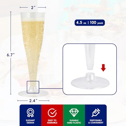 JOLLY CHEF 100 Pack Plastic Champagne Flutes Disposable 4.5 oz Clear Plastic Champagne Glasses Suitable for Wedding, Thank...