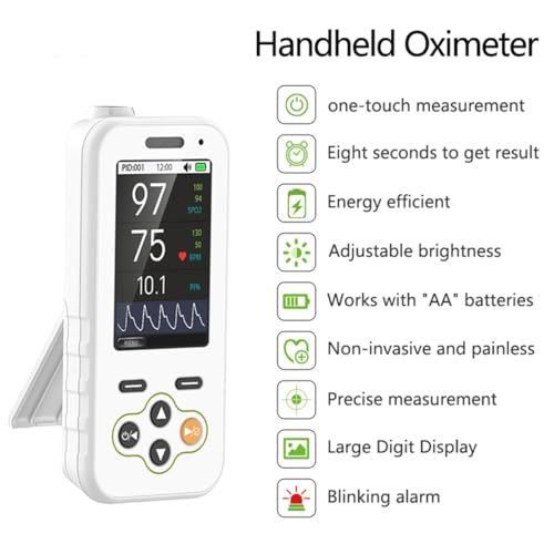 Handheld Pulse Oximeter with Real-Time Alarm -Continuous Adult Finger Spot Checks and Adjustable SpO2 level alarm